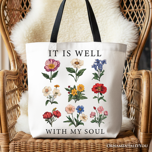 It Is Well With My Soul Christian Floral Canvas Tote Bag, Gift With Bible Verse Design