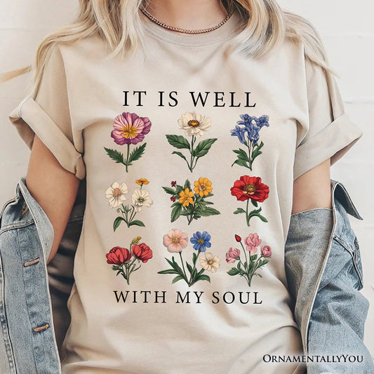 It Is Well With My Soul Christian Floral T-Shirt, Vintage Bible Verse Light Tee