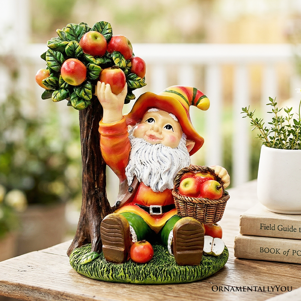 Johnny Apple Gnome Cute Garden Statue, 9" Orchid Picker Whimsical Dwarf Figurine