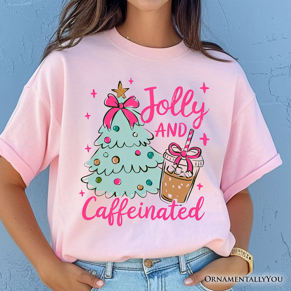 Jolly and Caffeinated Christmas Tree T-Shirt, Retro Coquette Coffee Holiday Tee