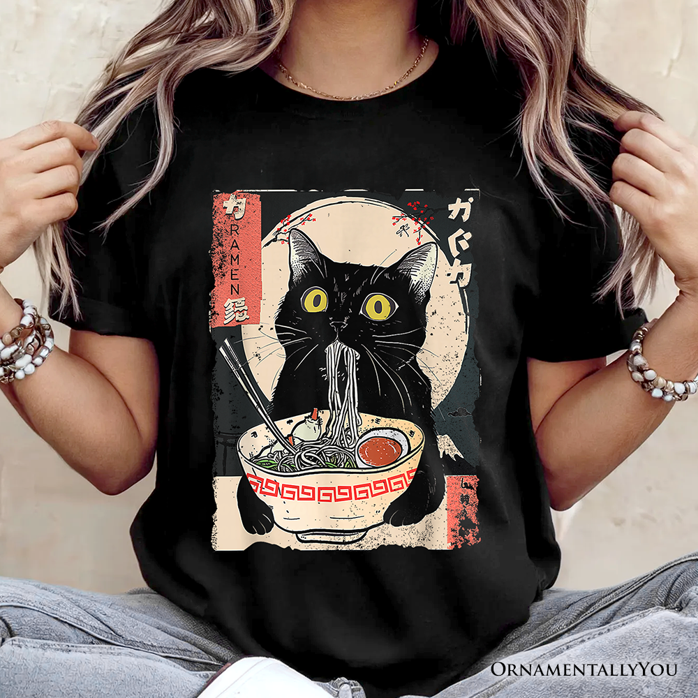 Kawaii Anime Cat Eating Ramen T-Shirt, Noodle Japanese Art Style Tee