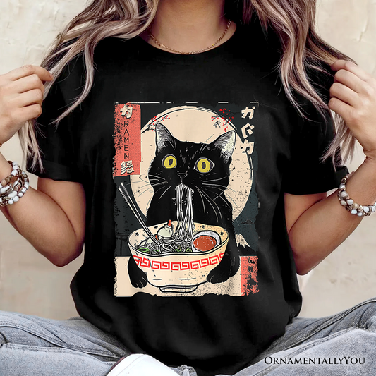Kawaii Anime Cat Eating Ramen T-Shirt, Noodle Japanese Art Style Tee