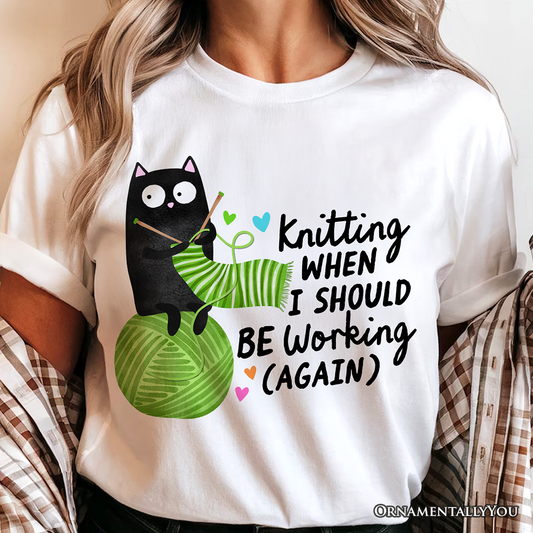 Knitting Black Cat Cute T-Shirt, Funny Working Crafter Phrase Tee