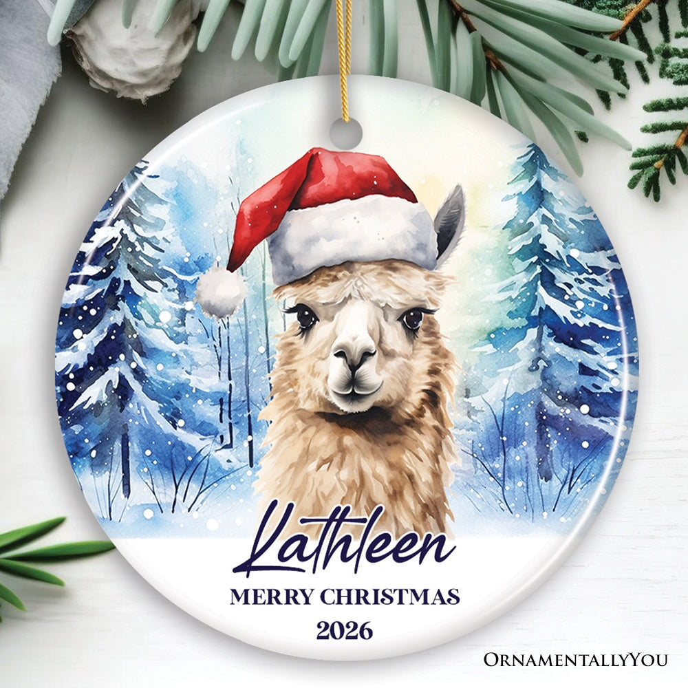 Llama with Santa Hat Personalized Ornament, Winter Forest Christmas Gift With Custom Name and Date