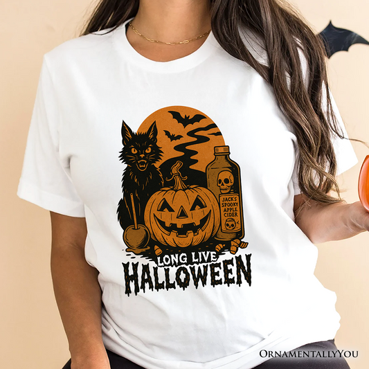 Long Live Halloween T-Shirt, Retro Black Cat Pumpkin Tee for Horror Fans