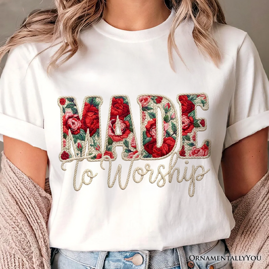 Made to Worship Printed Faux Yarn Crochet Christian T-Shirt, Floral Retro Faith Tee