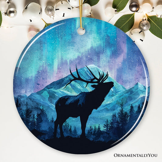 Majestic Aurora Elk Ceramic Ornament, Northern Lights Wilderness Stag Gift and Tree Decor