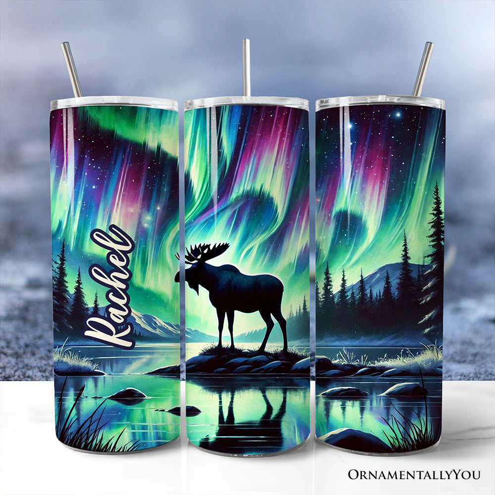 Majestic Moose Under Northern Lights 20oz Personalized Tumbler With Lid and Stainless Steel Straw