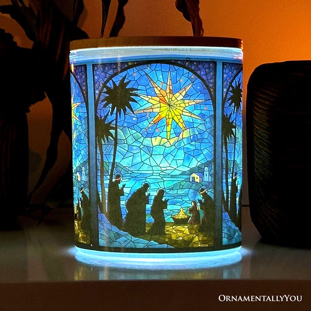 Nativity Faux Stained Glass LED Tea Light Candle, Holy Night Scene Christmas Decor With Soft Glow