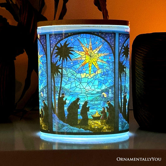Nativity Faux Stained Glass LED Tea Light Candle, Holy Night Scene Christmas Decor With Soft Glow