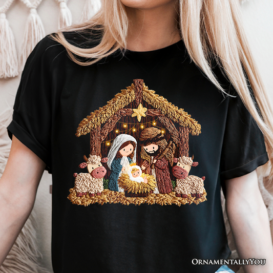 Nativity Holy Family Jesus Christmas T-Shirt, Imitation Latch Hook Yarn Cozy Christian Tee