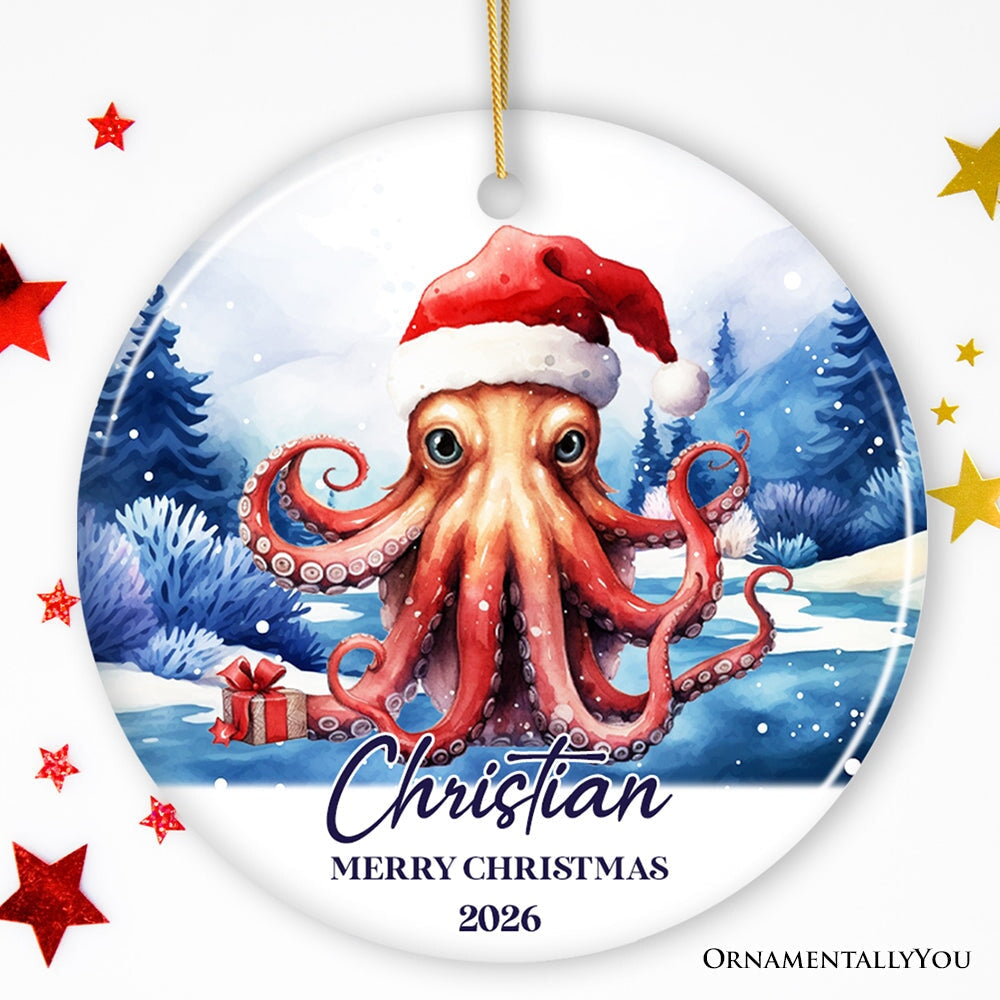 Octopus with Santa Hat Personalized Ornament, Festive Christmas Gift With Custom Name and Date