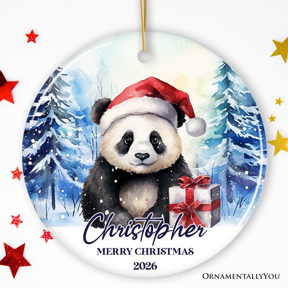 Panda with Santa Hat Personalized Ornament, Winter Forest Christmas Gift With Custom Name and Date