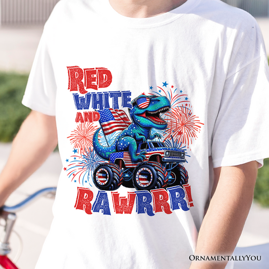 Patriotic Dinosaur Monster Truck T-Shirt, Red White and Rawrr 4th of July Tee
