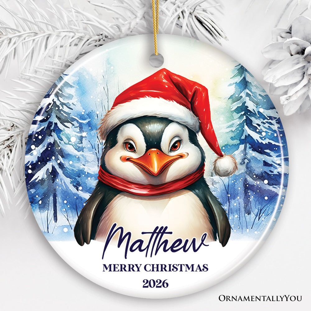 Penguin with Santa Hat Personalized Ornament, Winter Forest Christmas Gift With Custom Name and Date