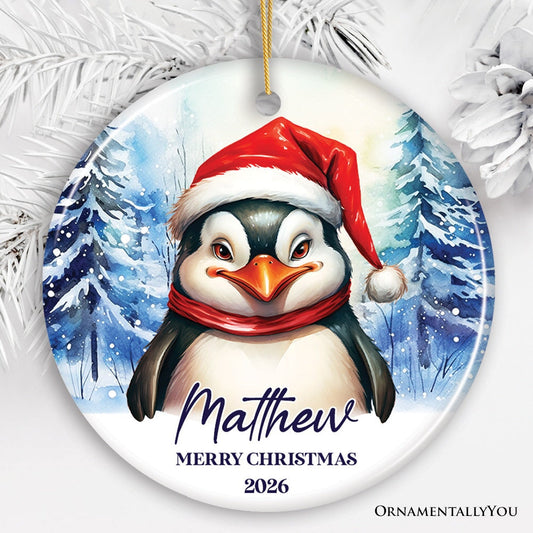 Penguin with Santa Hat Personalized Ornament, Winter Forest Christmas Gift With Custom Name and Date