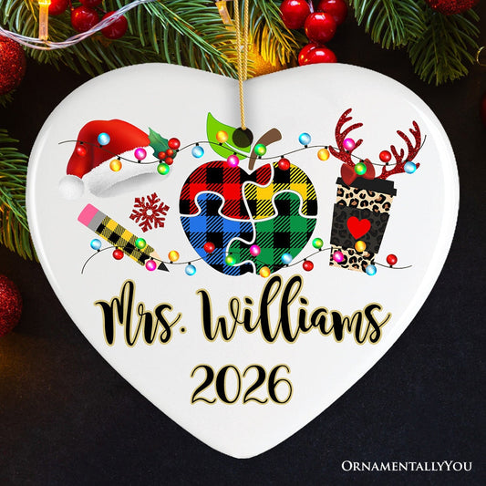 Personalized Autism Teacher Buffalo Plaid Leopard Merry Christmas Ornament, Thank You Gift