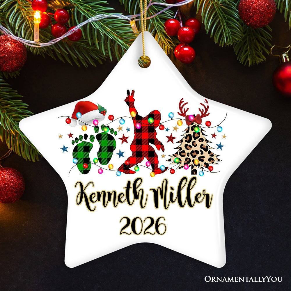 Personalized Bigfoot Buffalo Plaid Christmas Ornament, Sasquatch Holiday Decoration