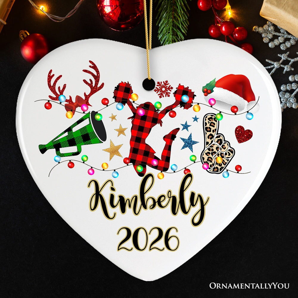 Personalized Cheer Buffalo Plaid Leopard Merry Christmas Ornament, Cheer Team or Coach Gift