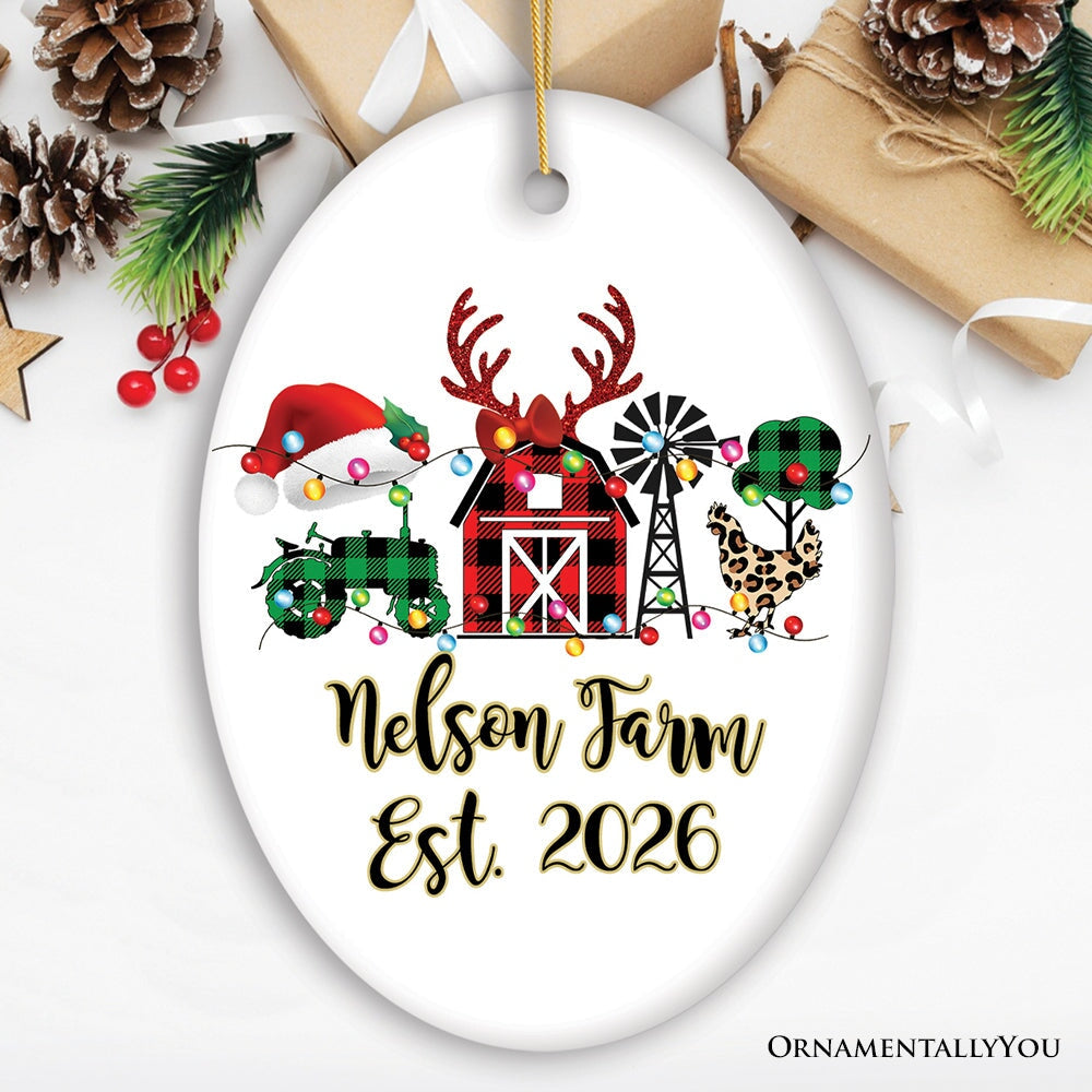 Personalized Farm Buffalo Plaid Leopard Merry Christmas Ornament, Farmhouse Gift