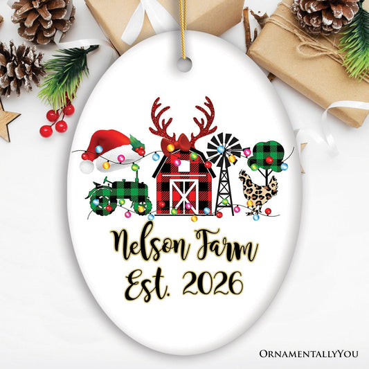 Personalized Farm Buffalo Plaid Leopard Merry Christmas Ornament, Farmhouse Gift
