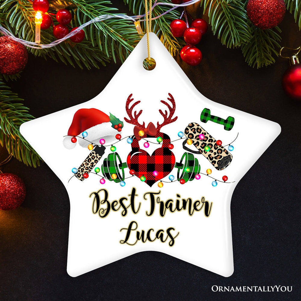 Personalized Gym Buffalo Plaid Leopard Merry Christmas Ornament, Personal Trainer Gift