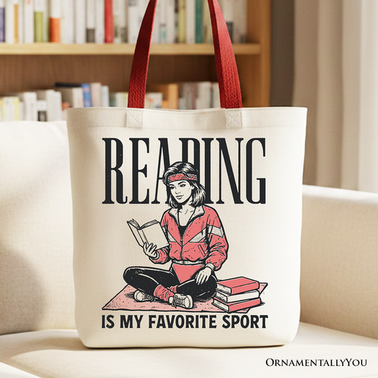Reading Is My Favorite Sport Bookworm Canvas Tote Bag, Retro Bibliophile Gift Shopper