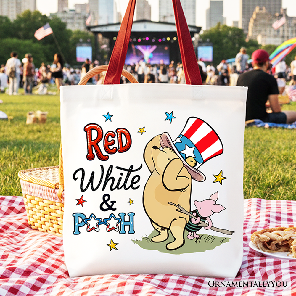 Red White & Proud Tote Bag, Patriotic 4th of July Celebration Pooh Bear Gift Shopper