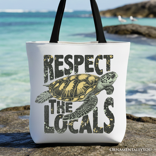 Respect the Locals Turtles Canvas Tote Bag, Retro Grunge Gift for Ocean and Beach Lovers