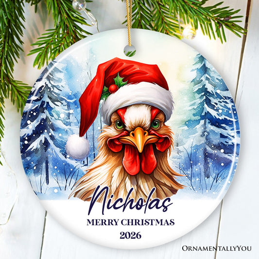 Rooster with Santa Hat Personalized Ornament Winter Forest Christmas Gift With Custom Name and Date