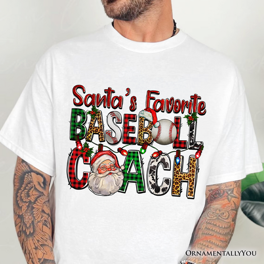 Santa’s Favorite Baseball Coach Plaid Christmas T-Shirt, Sports Team Holiday Tee