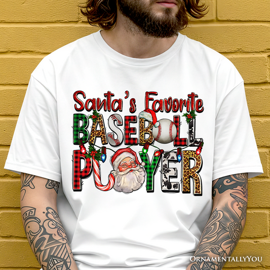 Santa’s Favorite Baseball Player Plaid Christmas T-Shirt, Sports Team Holiday Tee