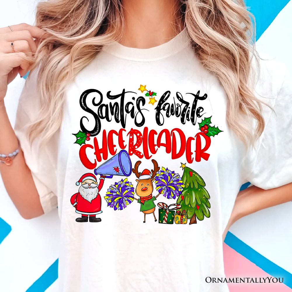 Santa’s Favorite Cheerleader T-Shirt, Sparkly Holiday Christmas Tee