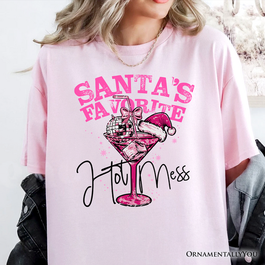 Santa’s Favorite Hot Mess T‑Shirt, Pink Martini Retro Disco Christmas Tee