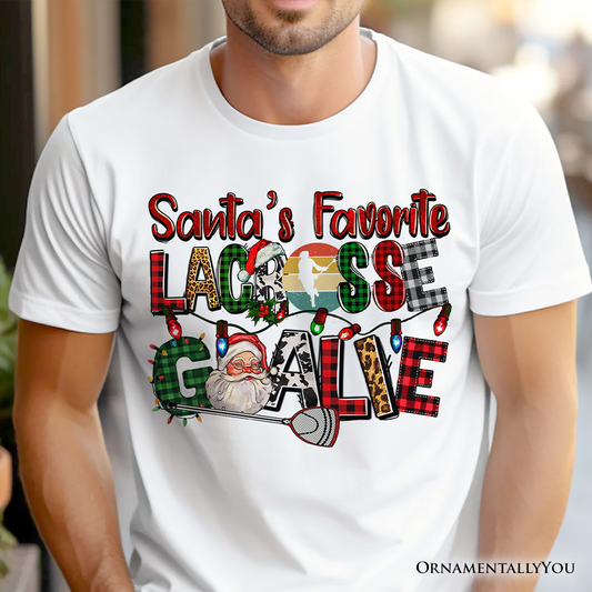 Santa’s Favorite Lacrosse Goalie Plaid Christmas T-Shirt, Sports Team Holiday Tee
