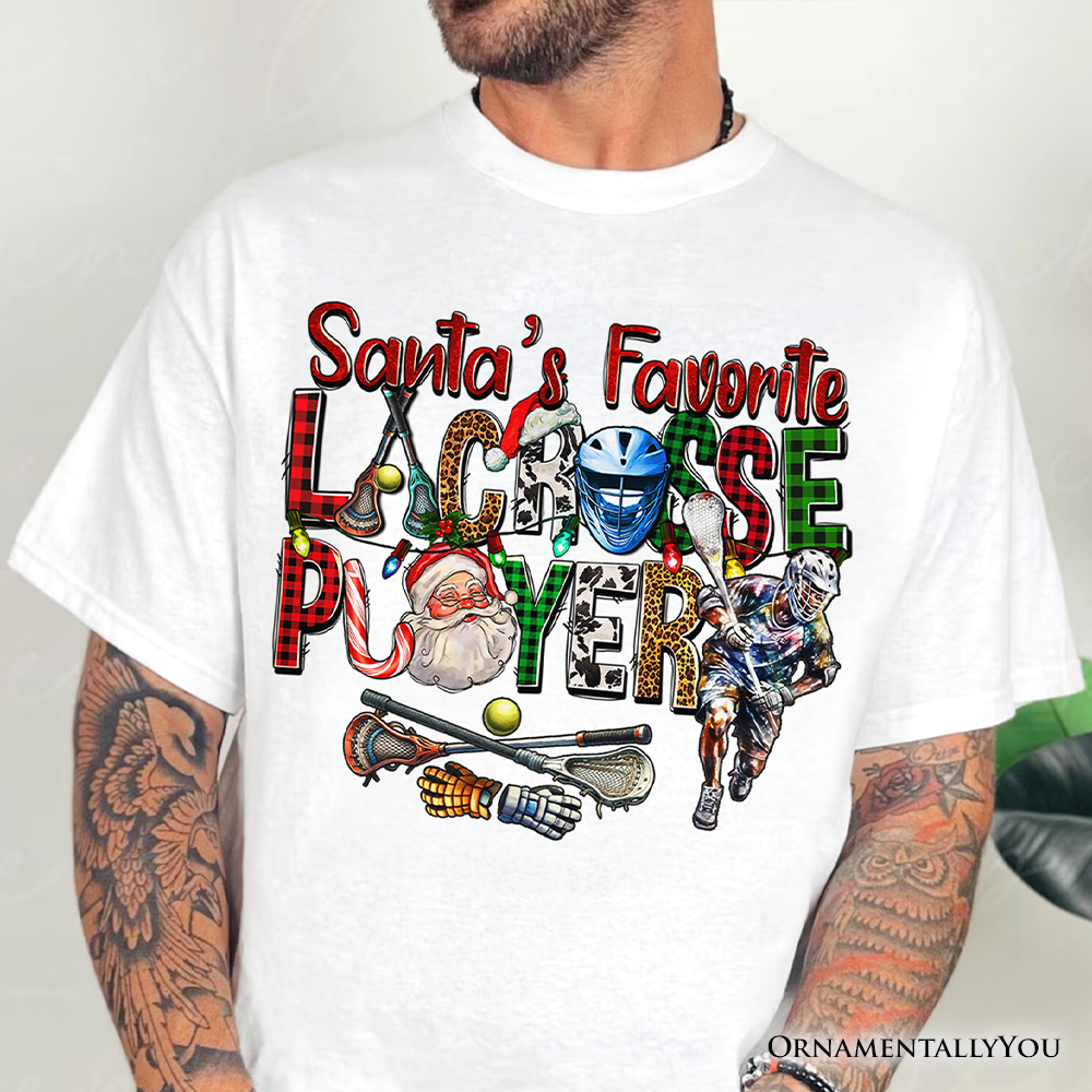Santa’s Favorite Lacrosse Player Plaid Christmas T-Shirt, Sports Team Holiday Tee