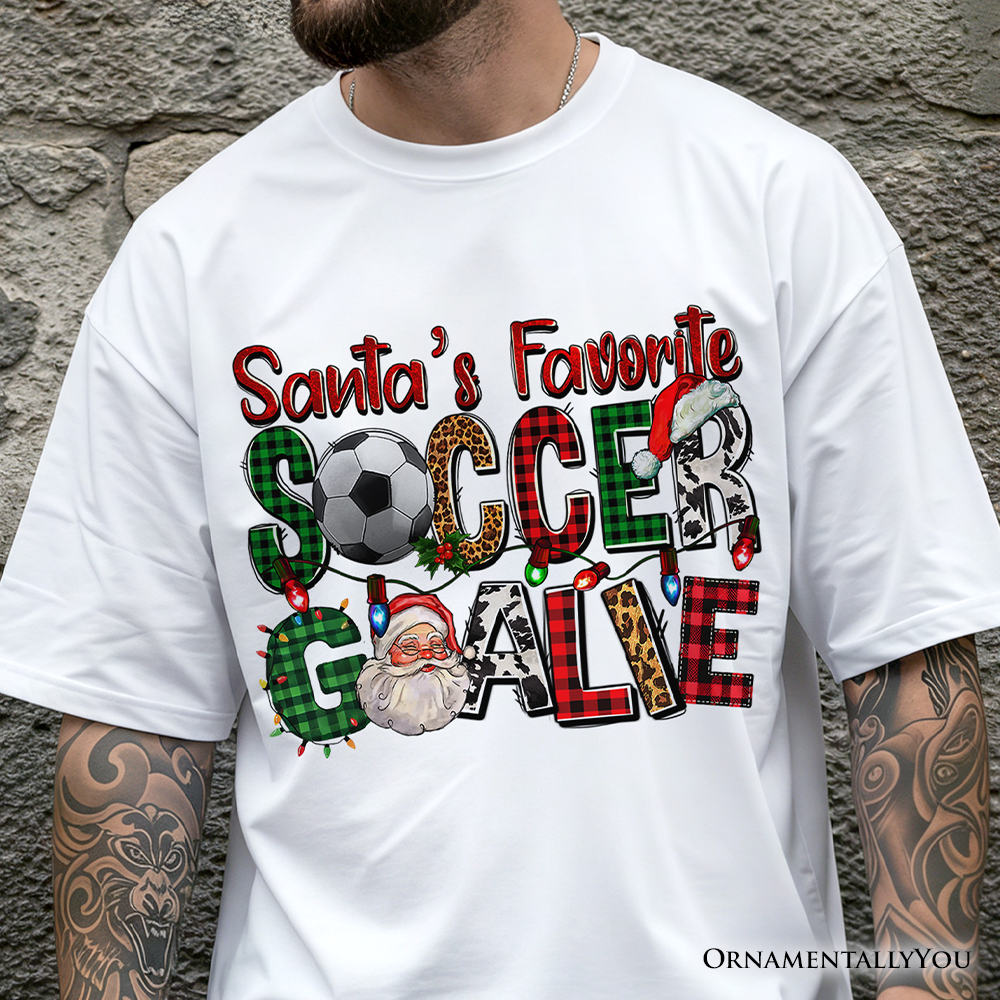 Santa’s Favorite Soccer Goalie Plaid Christmas T-Shirt, Sports Team Holiday Tee