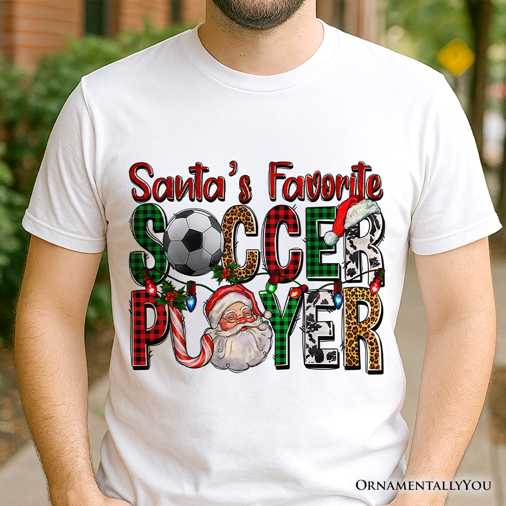 Santa’s Favorite Soccer Player Plaid Christmas T-Shirt, Sports Team Holiday Tee