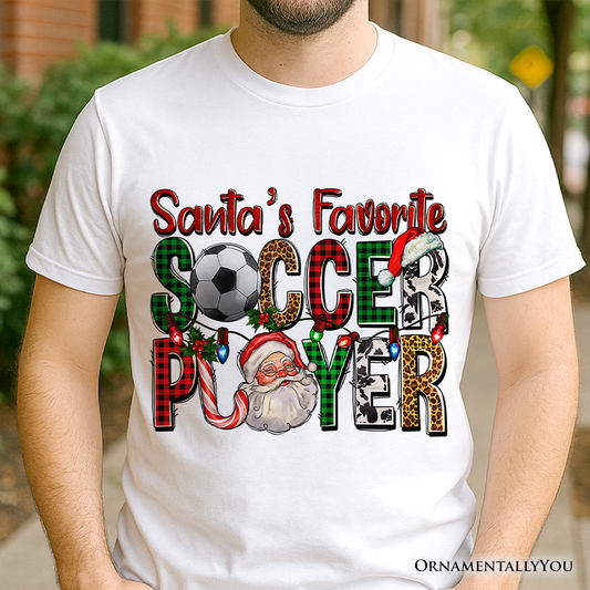 Santa’s Favorite Soccer Player Plaid Christmas T-Shirt, Sports Team Holiday Tee