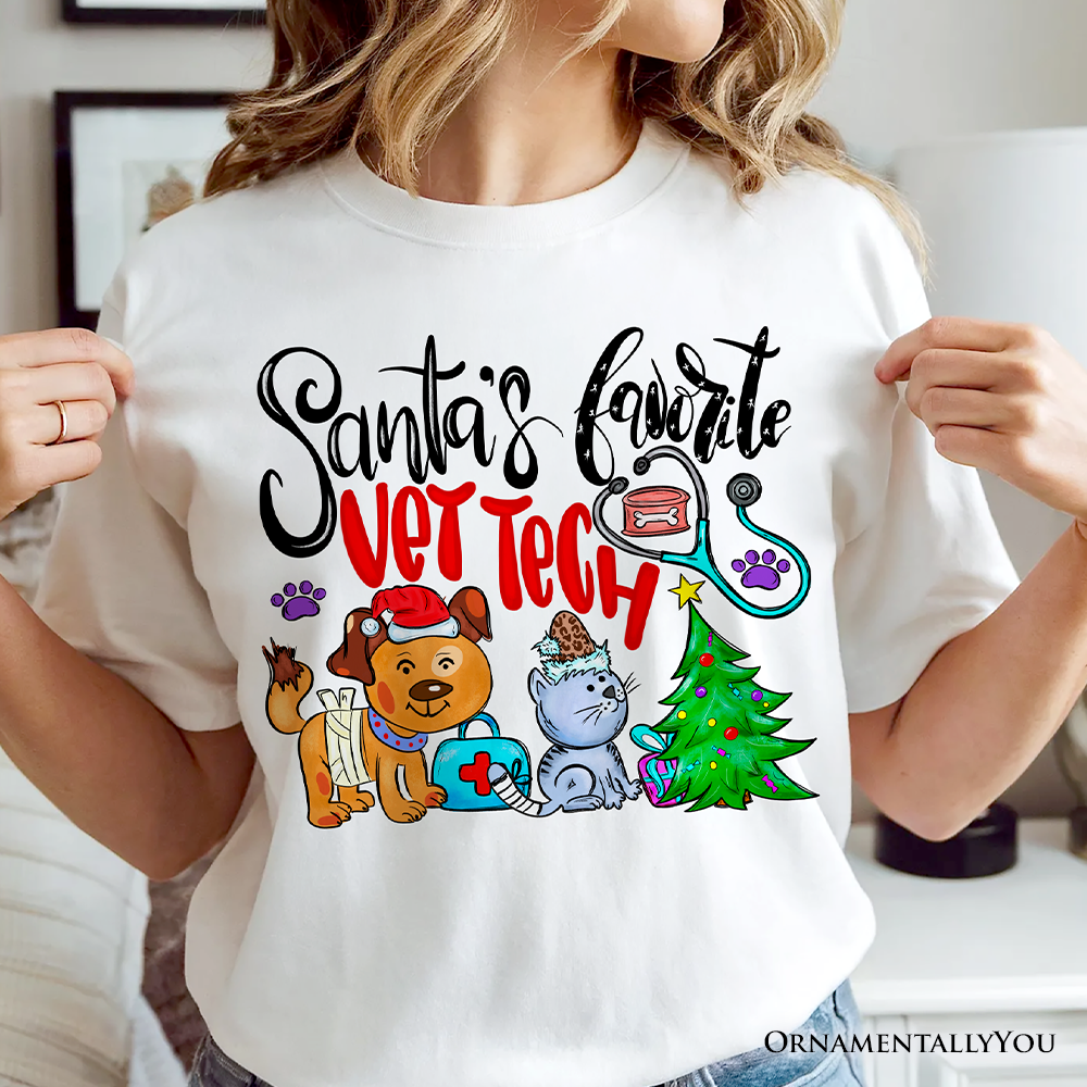 Santa’s Favorite Vet Tech Christmas T-Shirt, Festive Holiday Veterinary Tee