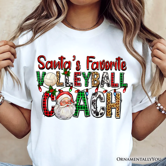 Santa’s Favorite Volleyball Coach Plaid Christmas T-Shirt, Sports Team Holiday Tee