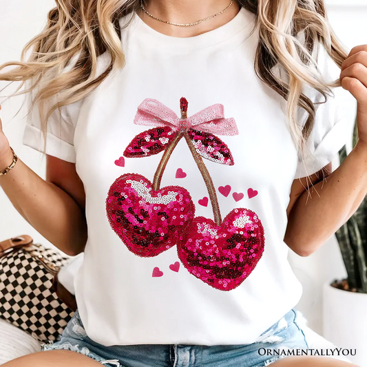 Sequin Pink Cherry Heart Valentine T-Shirt, Mood for Love Coquette Tee