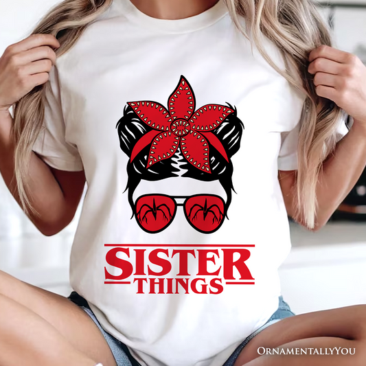 Sister Things Messy Bun Retro T-Shirt, Red Bandana Glasses Family Matching Tee