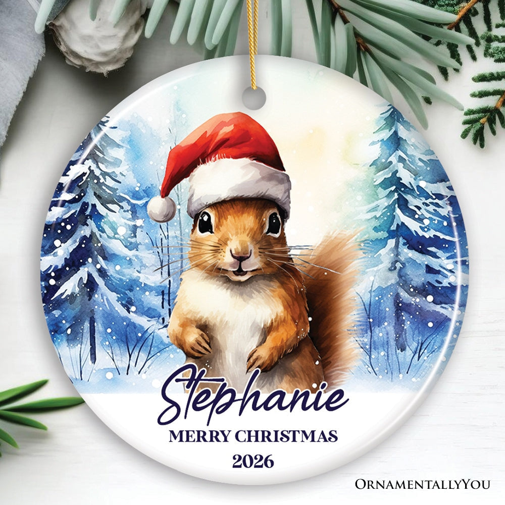 Squirrel with Santa Hat Personalized Ornament, Winter Forest Christmas Gift With Custom Name and Date