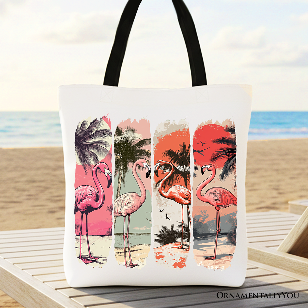 Summer Flamingo Beach Canvas Tote Bag, Retro Vacation Tropical Sunset Gift Shopper
