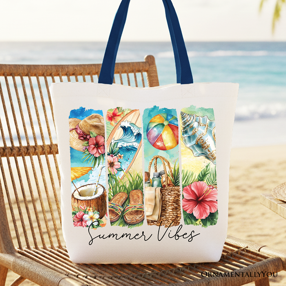 Summer Vibes Canvas Tote Bag, Beach Gift Shopper with Coconut and Flowers