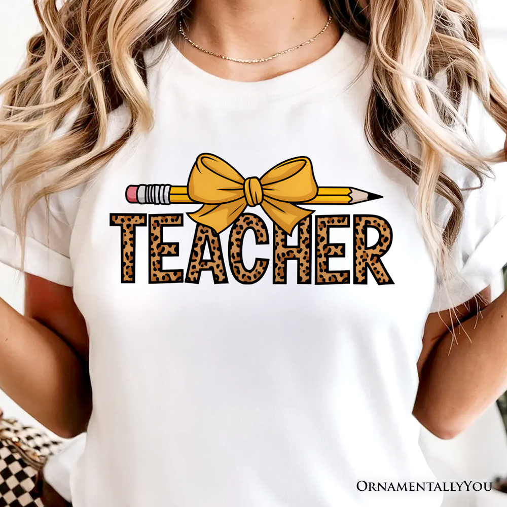 Teacher Leopard Pencil T-Shirt, Coquette Bow Retro Classroom Tee for Educators