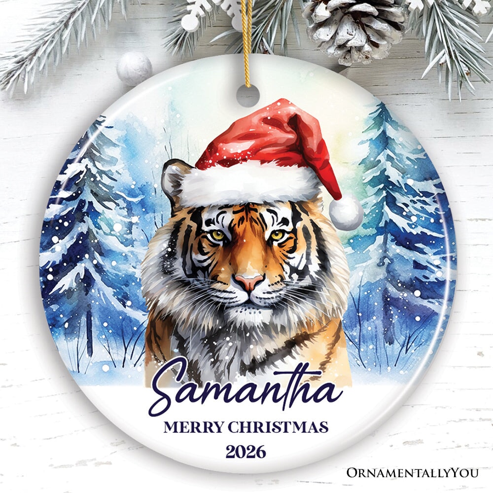 Tiger with Santa Hat Personalized Ornament, Winter Forest Christmas Gift With Custom Name and Date