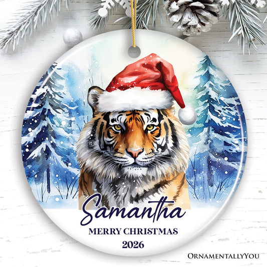 Tiger with Santa Hat Personalized Ornament, Winter Forest Christmas Gift With Custom Name and Date