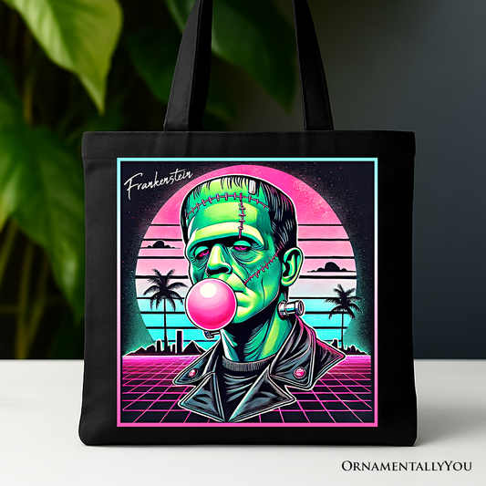 Vaperwave Frankenstein Retro Neon Horror Canvas Tote Bag, Synthwave 80's Styled Classic Halloween Gift